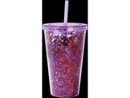 Glitter tumbler with straw, red and purple glitter.