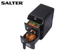 Black dual-basket air fryer with a whole chicken and vegetables inside.