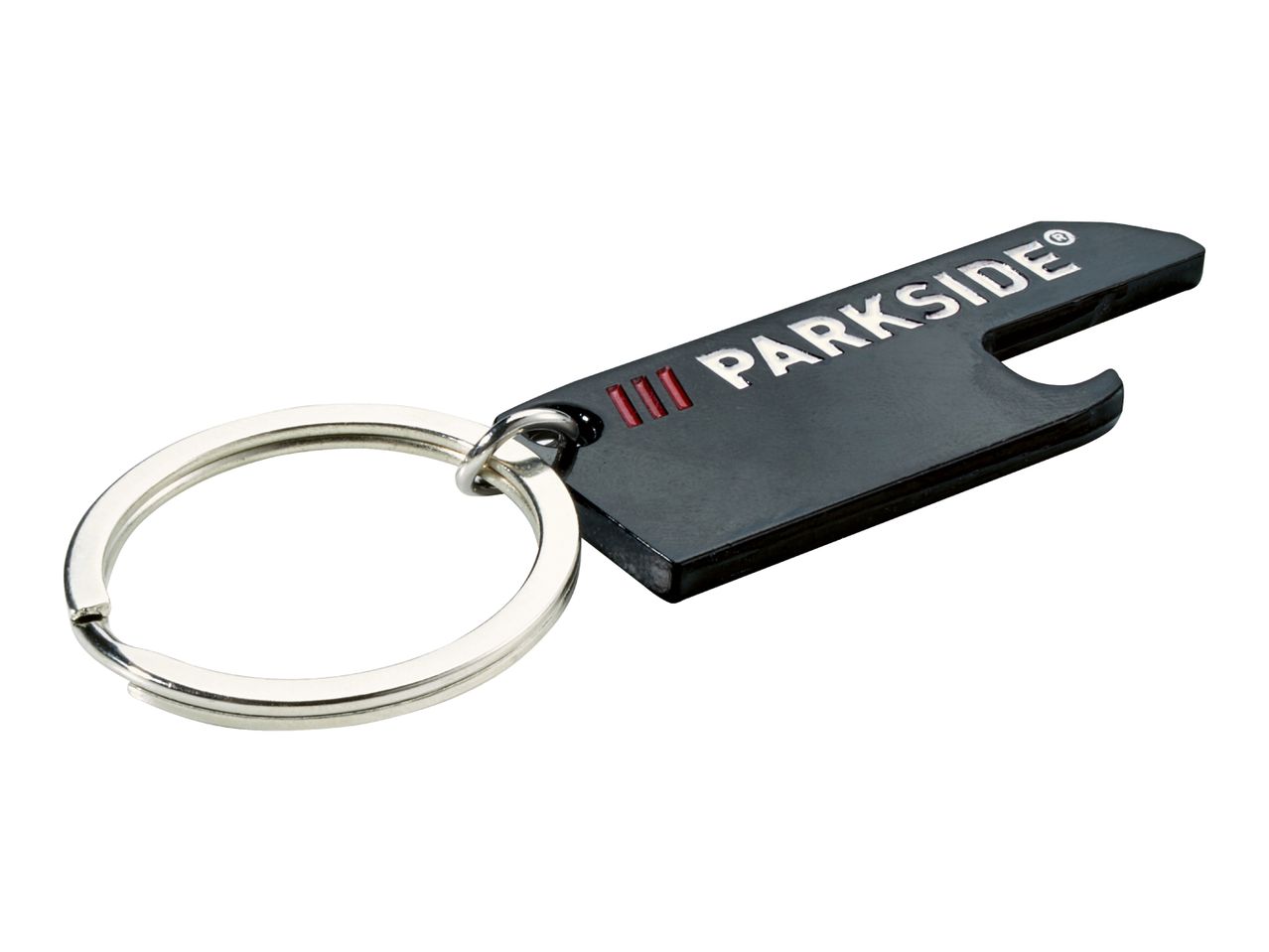 A black Parkside keychain with a bottle opener and a silver split ring.