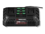 Dual battery charger with charging indicators and a table showing charging times for various capacities.