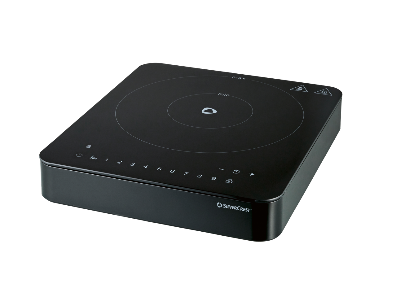 Black induction hob with touch controls for temperature and timer settings