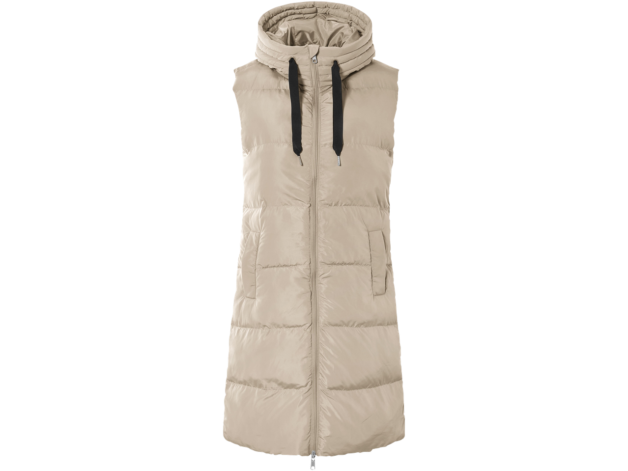 Hosszú, bézs színű, kapucnis női mellény fekete húzózsinórral és cipzárral.