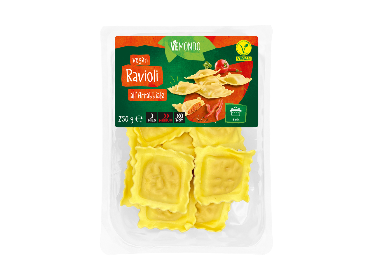 Veganistische ravioli all'Arrabbiata in een verpakking van 250 g, met een kooktijd van 4 minuten.