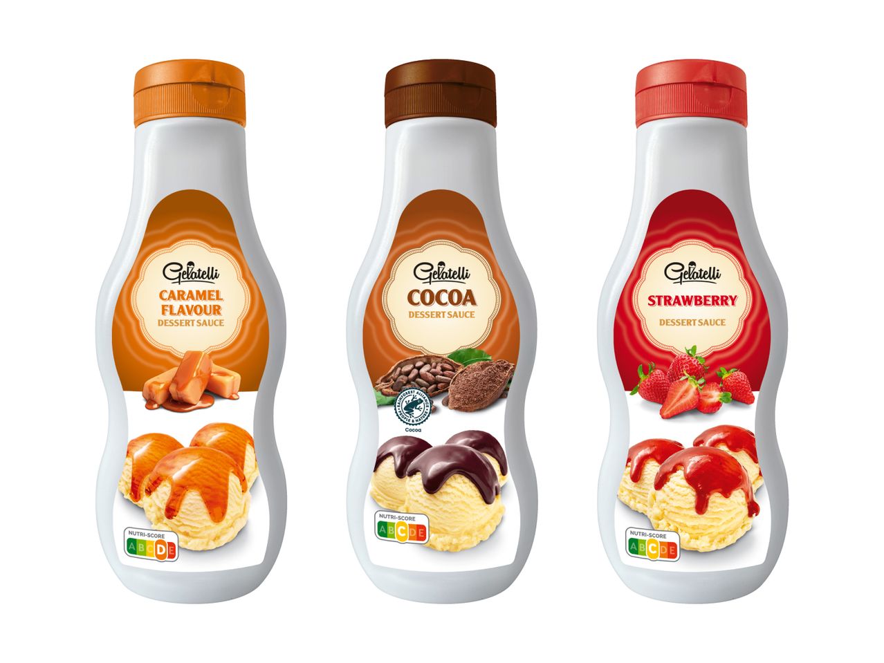 Drei Flaschen Glacé-Sauce in Caramel-, Schokoladen- und Erdbeergeschmack.