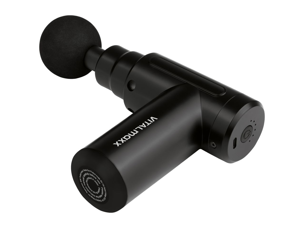 A black VITALmaxx massage gun with a spherical attachment and visible controls.