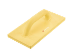 Sárga színű, téglalap alakú simítókanál, ívelt fogantyúval.