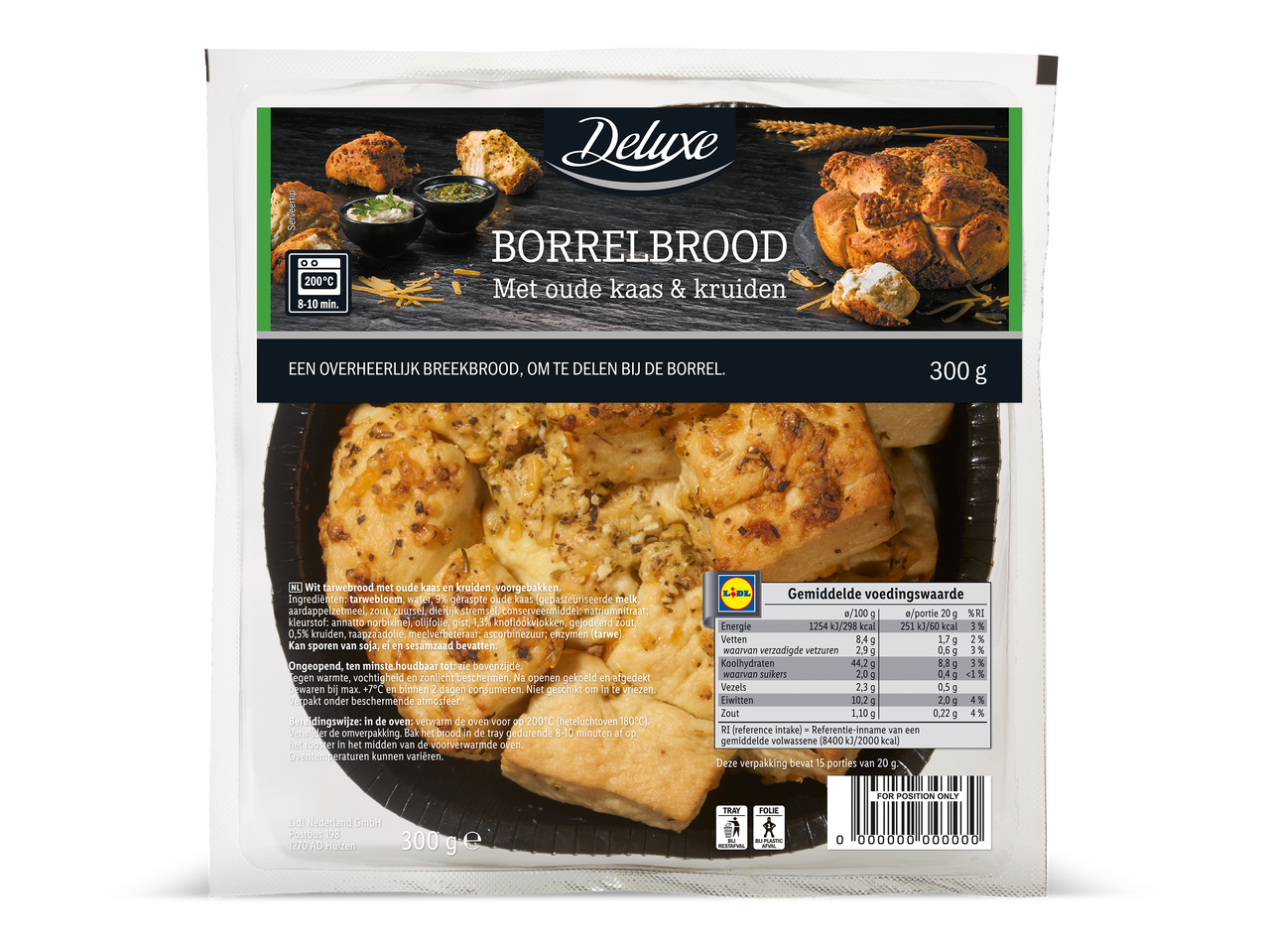 Een verpakking van breekbrood met oude kaas en kruiden, met bereidingsinstructies en voedingswaarden.