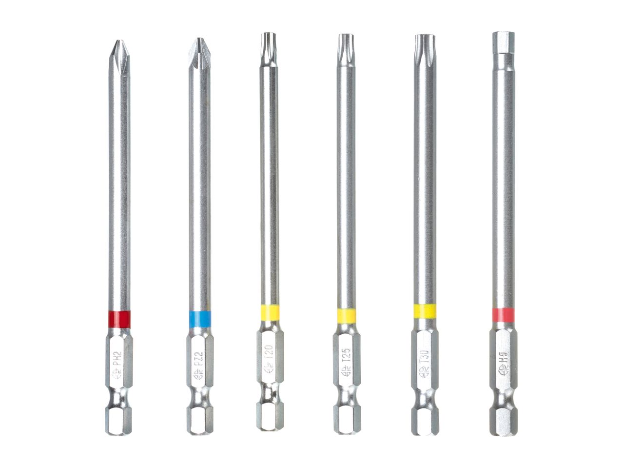A set of six screwdriver bits, including Phillips, Pozidriv, Torx, and hex types.