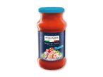 Tomatsauce med tun i en glasflaske med blå låg, med billeder af tomater, hvidløg og tun.