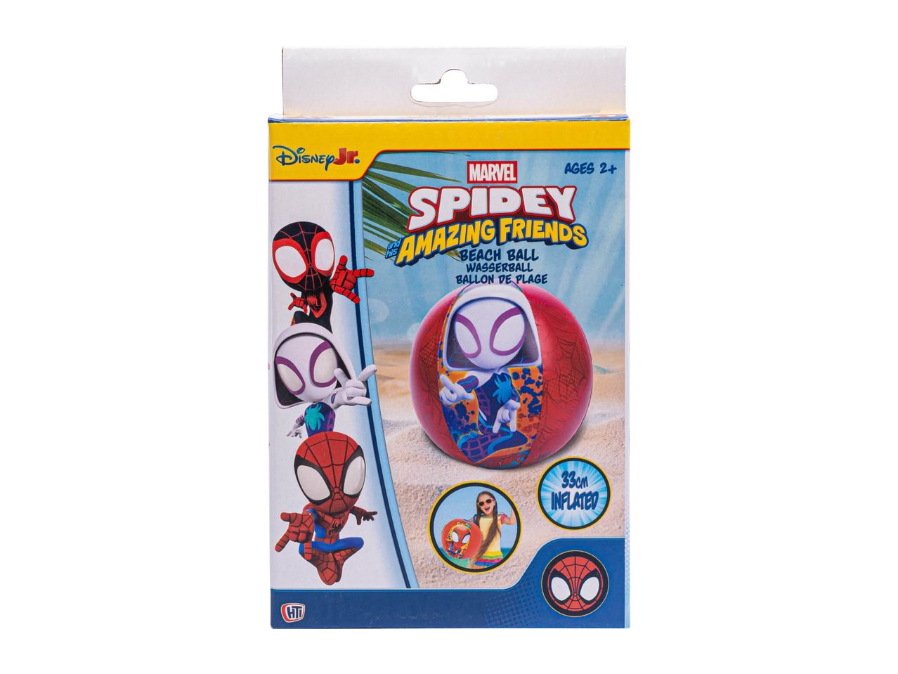 Spidey and His Amazing Friends beach ball packaging, featuring characters and a 33cm inflated ball.