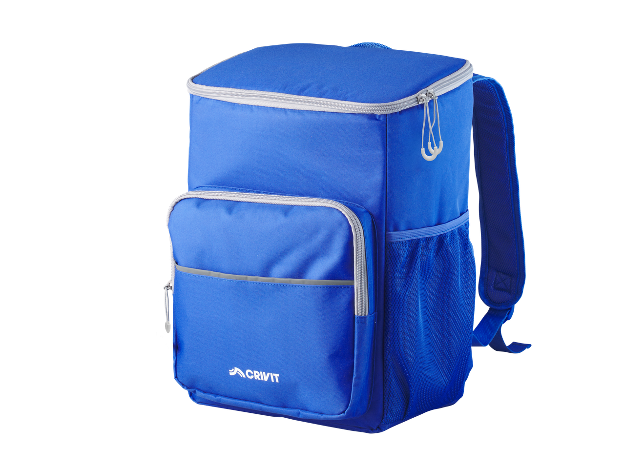 Sac à dos isotherme CRIVIT bleu avec fermetures éclair et poches en filet.