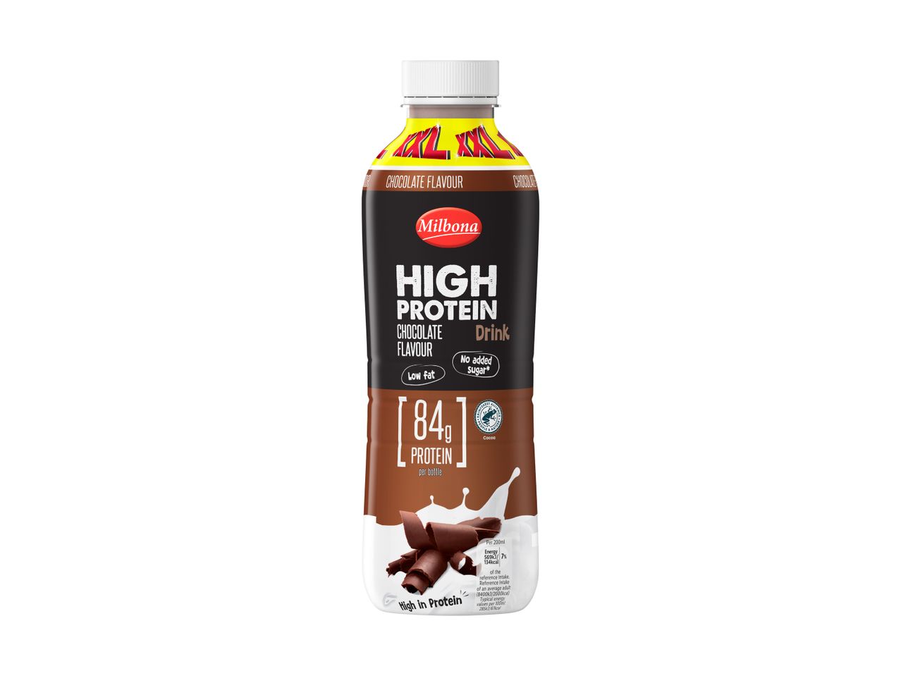 Chocolate high protein drink with 84g protein per bottle, low fat, and no added sugar.