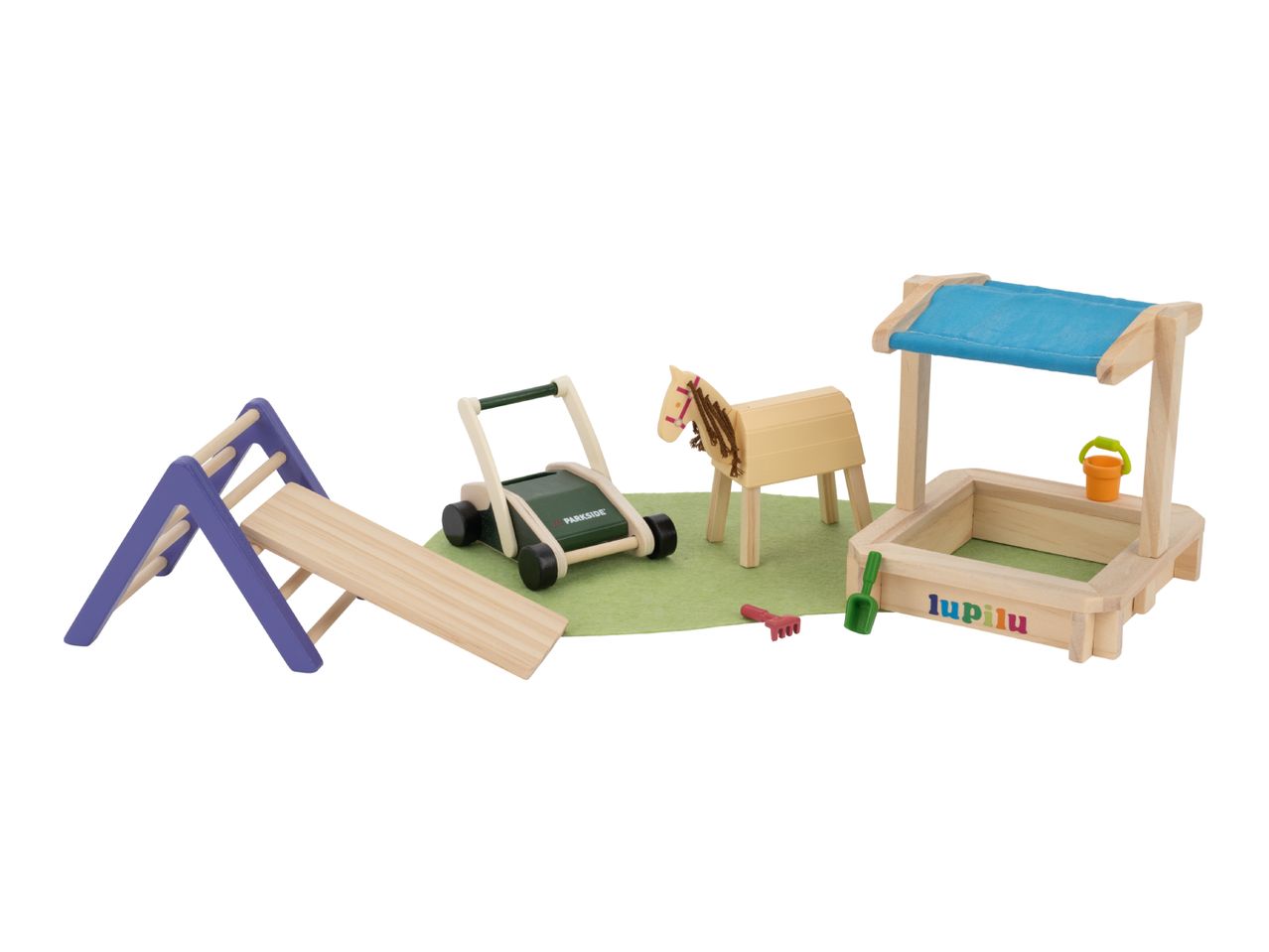 Wooden toy playground set with slide, lawnmower, horse, and sandbox with tools.