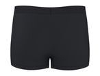 Rear view of black men's boxer briefs with a wide elastic waistband.