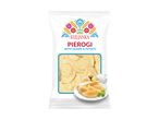 A package of pierogi with quark and potato filling, featuring a folk art design.