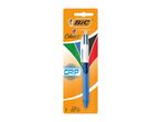 Four-color ballpoint pen with a blue grip, 1.0 mm medium point, in blister packaging.