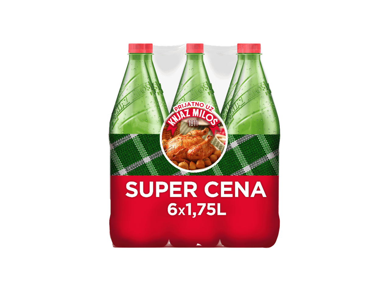 Pakovanje od šest flaša mineralne vode sa etiketom koja prikazuje pečeno pile i natpisom 'SUPER CENA'.