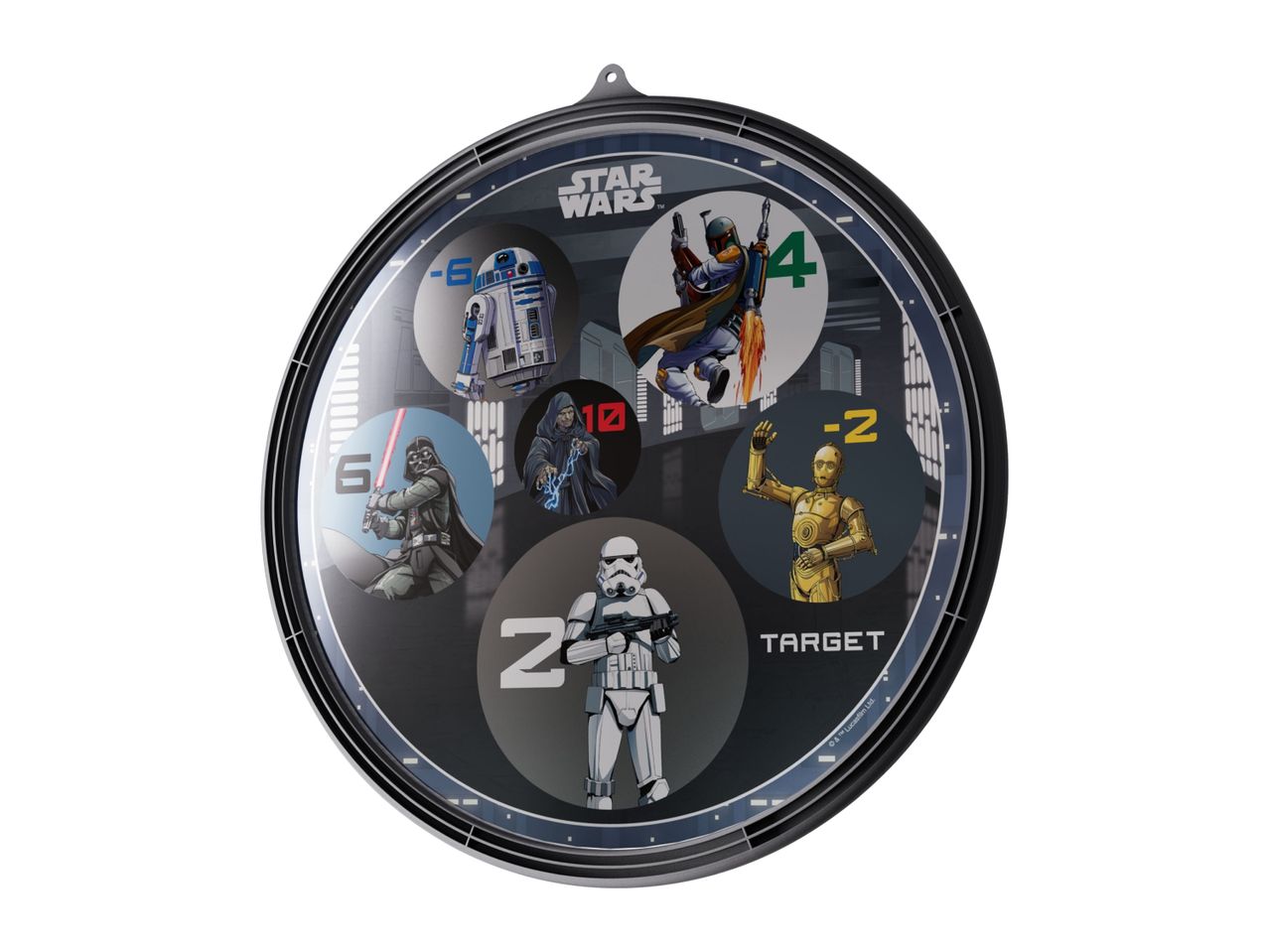 Round Star Wars themed target board featuring characters like Darth Vader, R2-D2, and C-3PO.