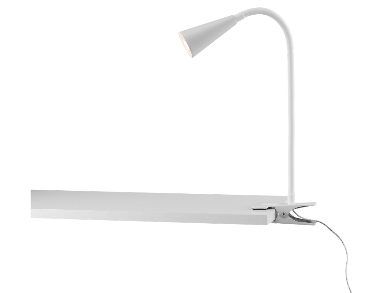 Бяла настолна лампа с щипка.
