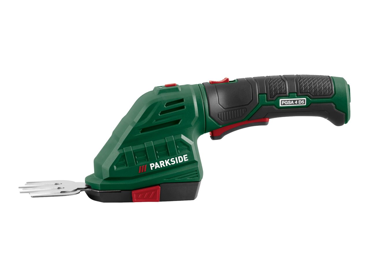Green and black cordless grass and shrub shears with a metal blade attachment.