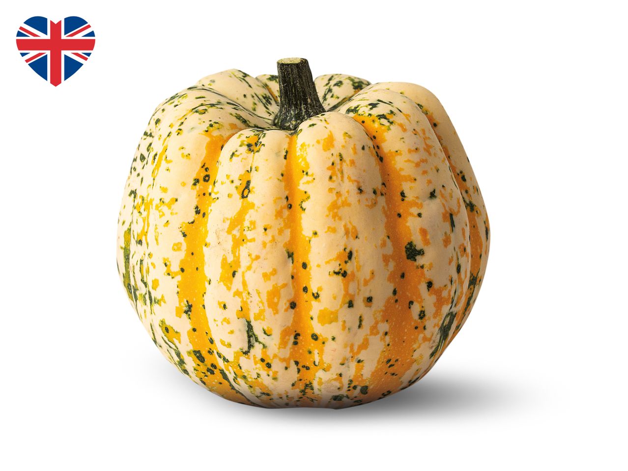 A speckled gourd with yellow and green markings, next to a heart-shaped Union Jack flag.