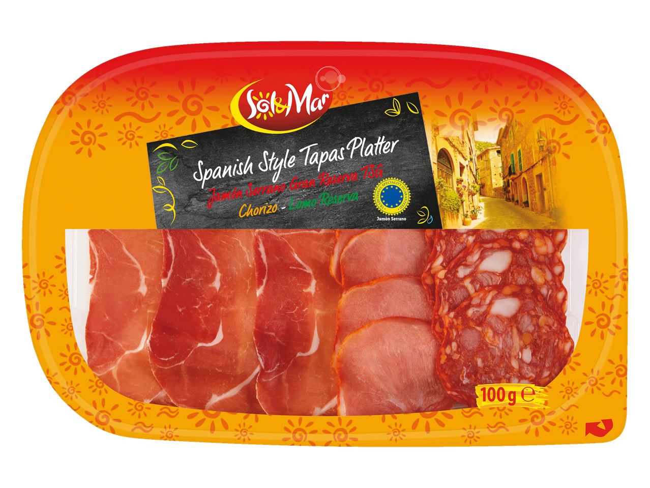 Sol & Mari Hispaania stiilis tapas-taldrik: Jamón Serrano, Lomo Reserva, Chorizo.