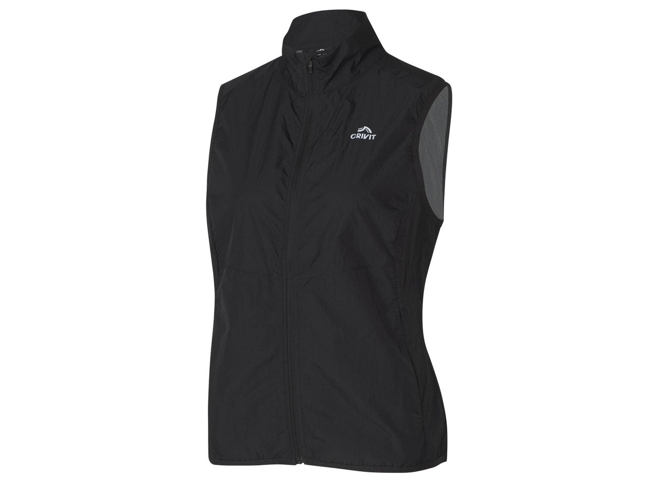 Gilet sportivo nero Crivit da donna con cerniera frontale.
