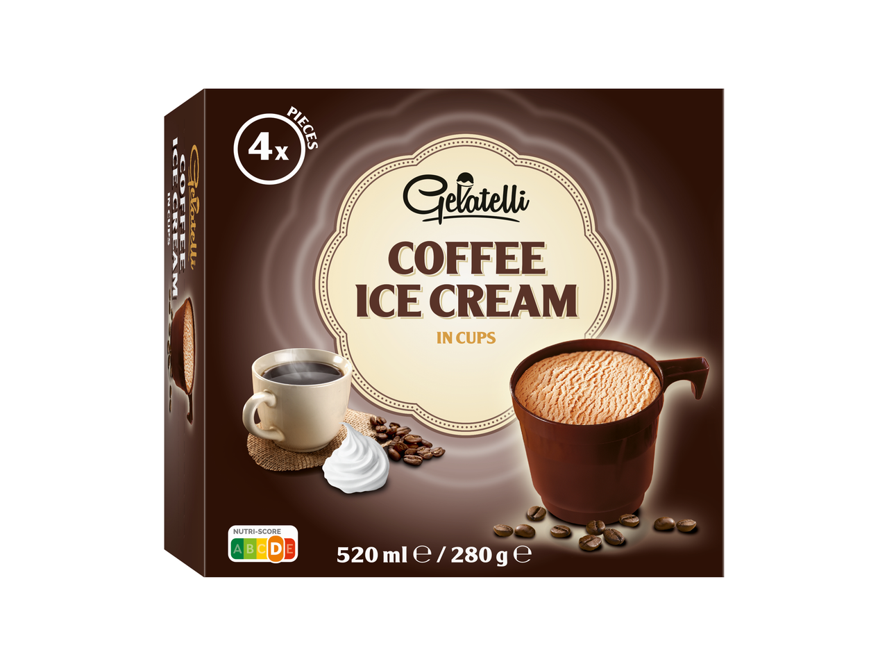 Boîte de crème glacée au café en coupelles, avec une tasse de café et des grains de café.