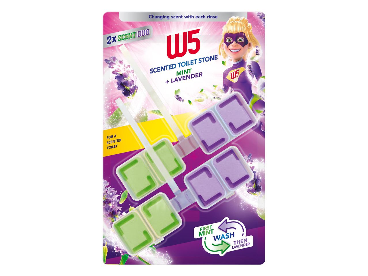 W5 illatos WC-blokk menta és levendula illattal, 2 illatú duó kiszerelésben.