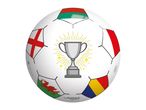 Football with flags of England, Wales, Hungary, Poland, and Romania, and a trophy.