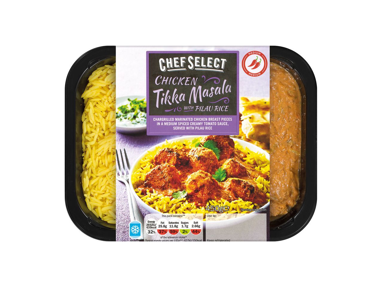 Chef Select Chicken Tikka Masala with Pilau rice: ready meal with chicken and rice.