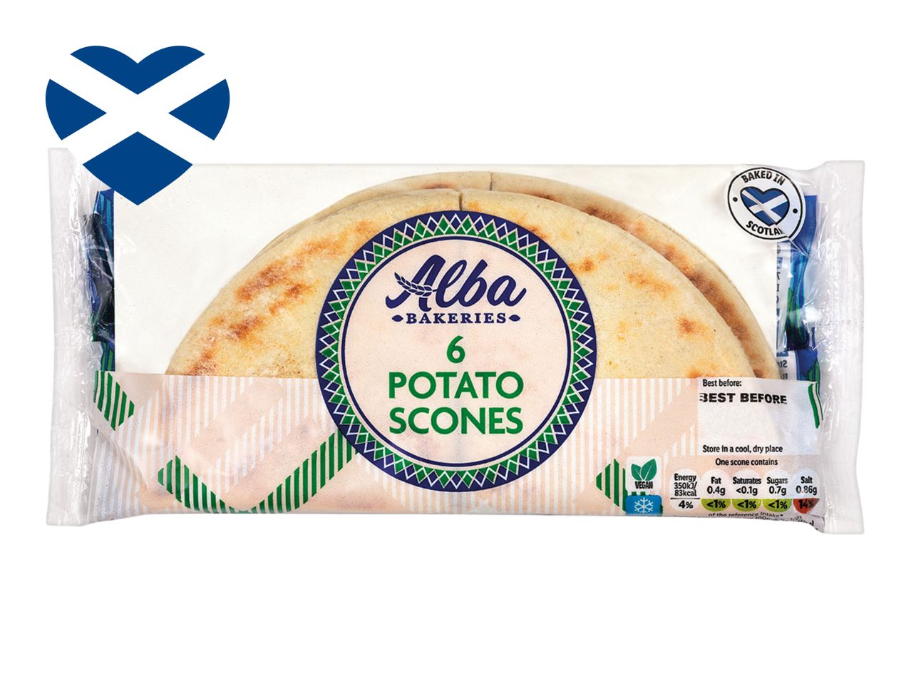 Alba Bakeries potato scones, 6 pack, baked in Scotland.