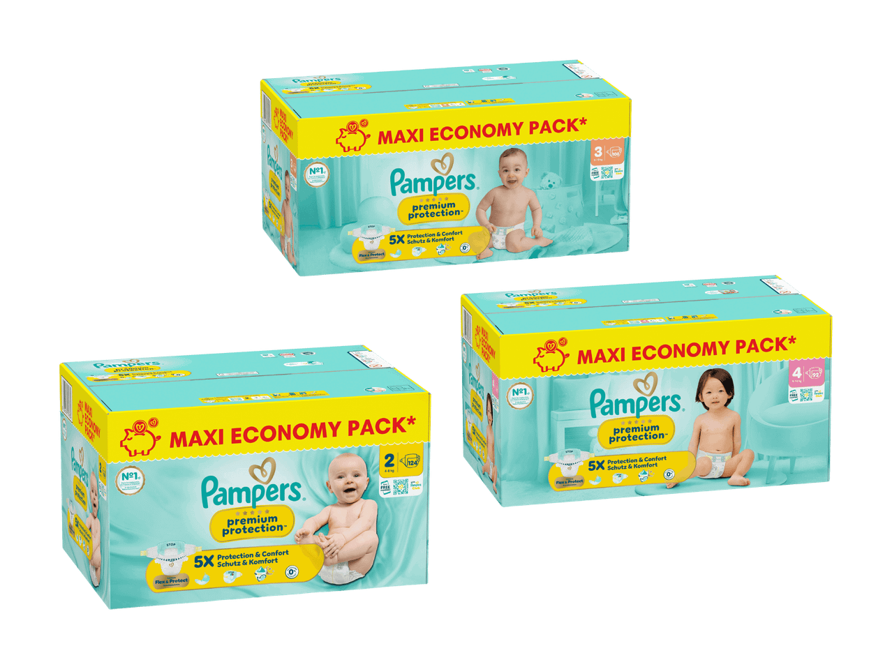 Drei Packungen Babywindeln in verschiedenen Größen, mit der Aufschrift „Maxi Economy Pack“.