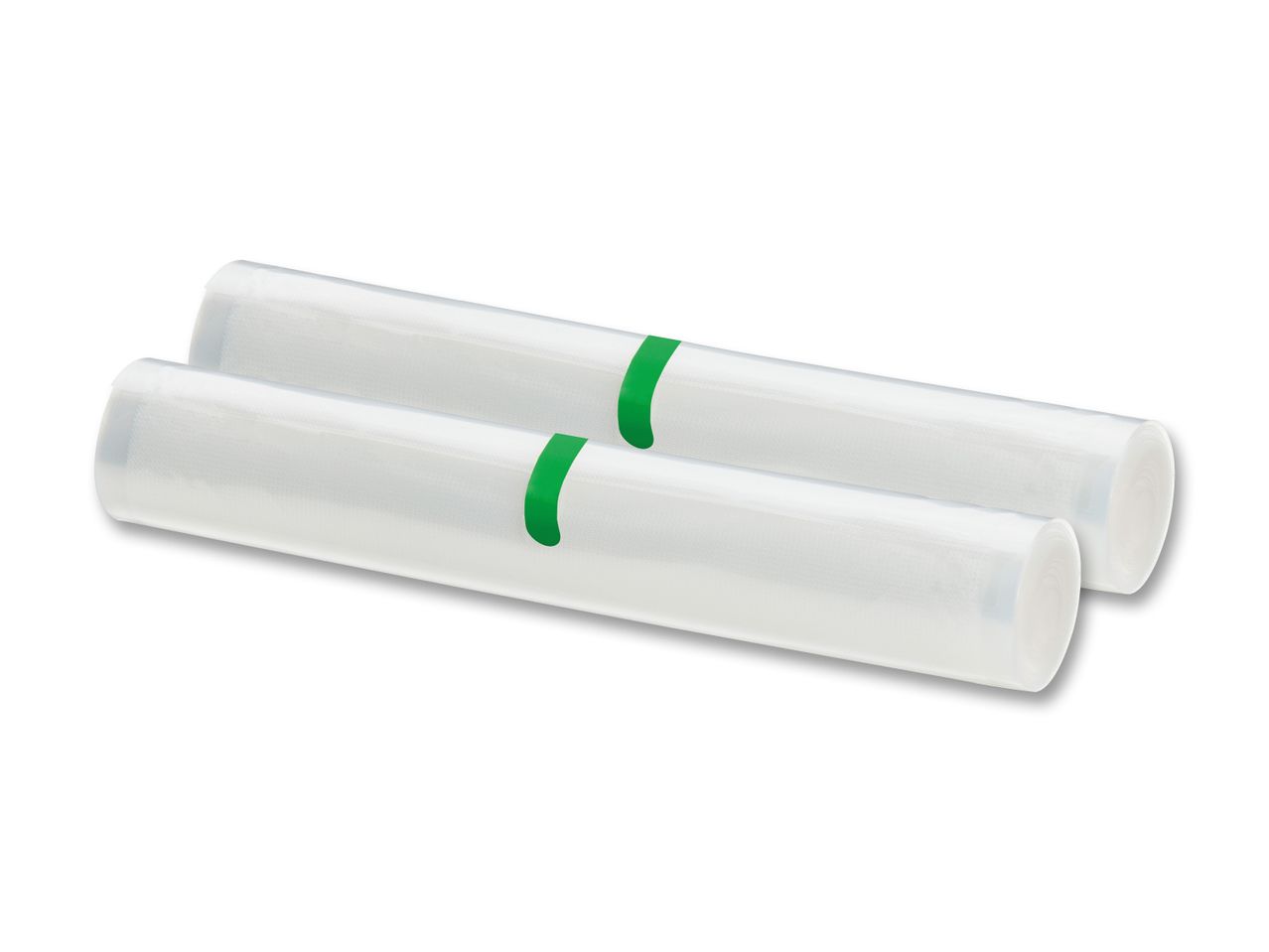 Two rolls of clear vacuum sealer bags with green labels