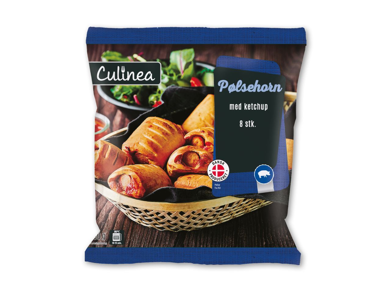 Pølsehorn med ketchup fra Culinea, 8 stk., klar til ovn.