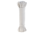 A neatly coiled bundle of white clothesline rope on a black background.
