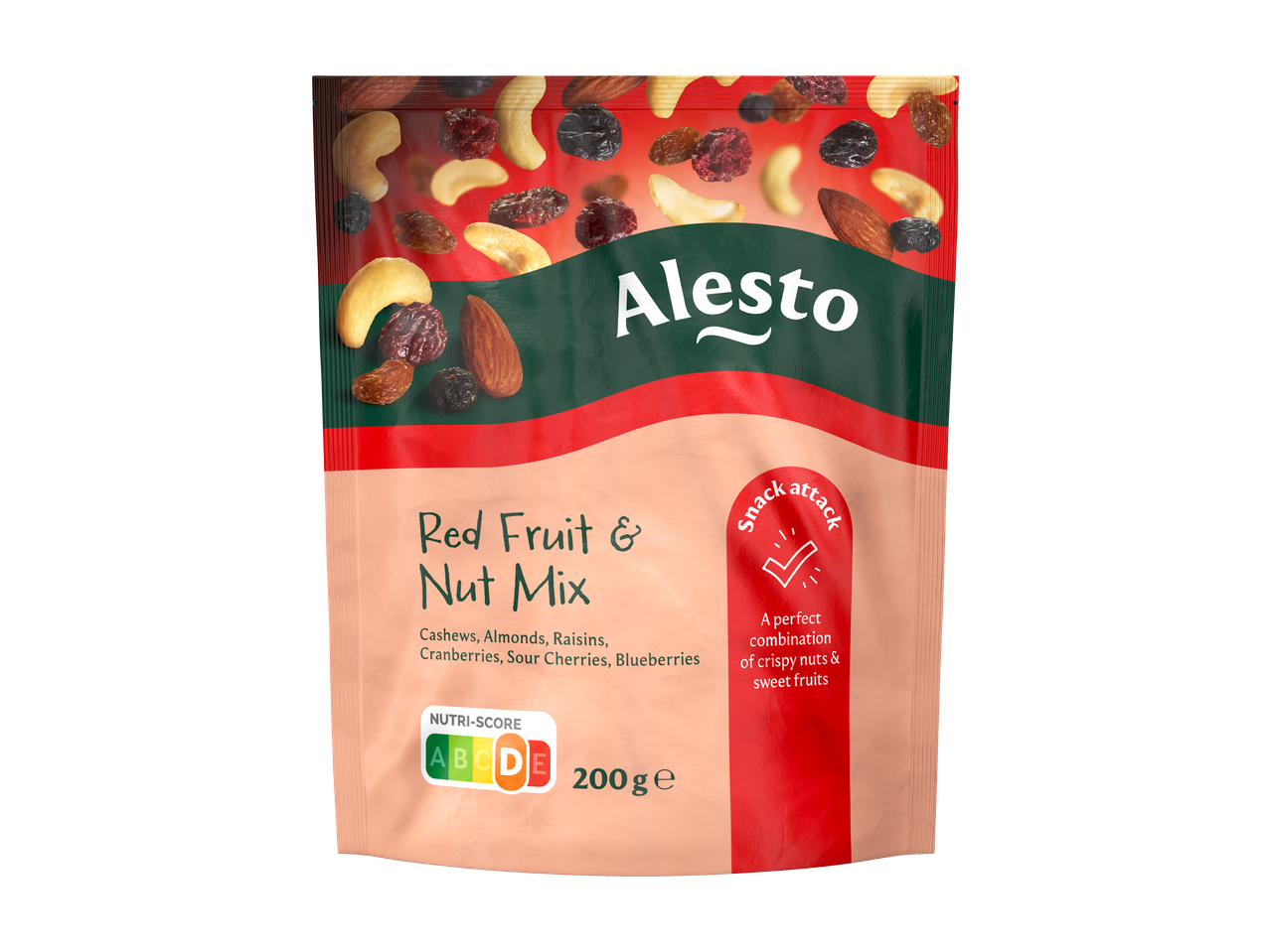 Alesto Rode Vruchten & Notenmix met cashewnoten, amandelen, rozijnen, veenbessen, zure kersen en bosbessen.