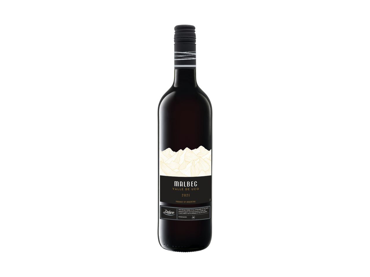 A bottle of Malbec Valle de Uco 2021 red wine with a mountain range design on the label.
