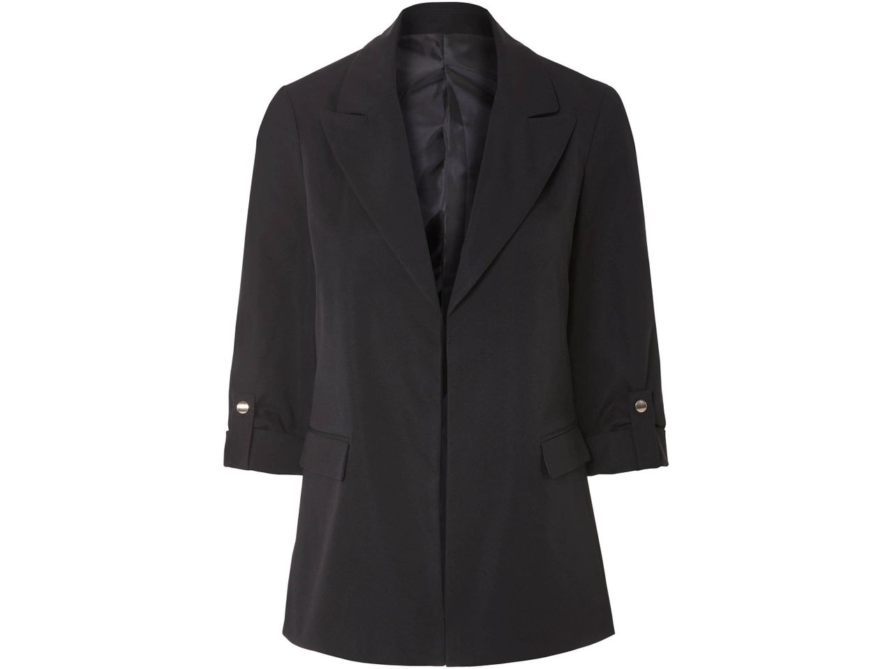 Un blazer nero da donna con maniche a tre quarti e tasche frontali.