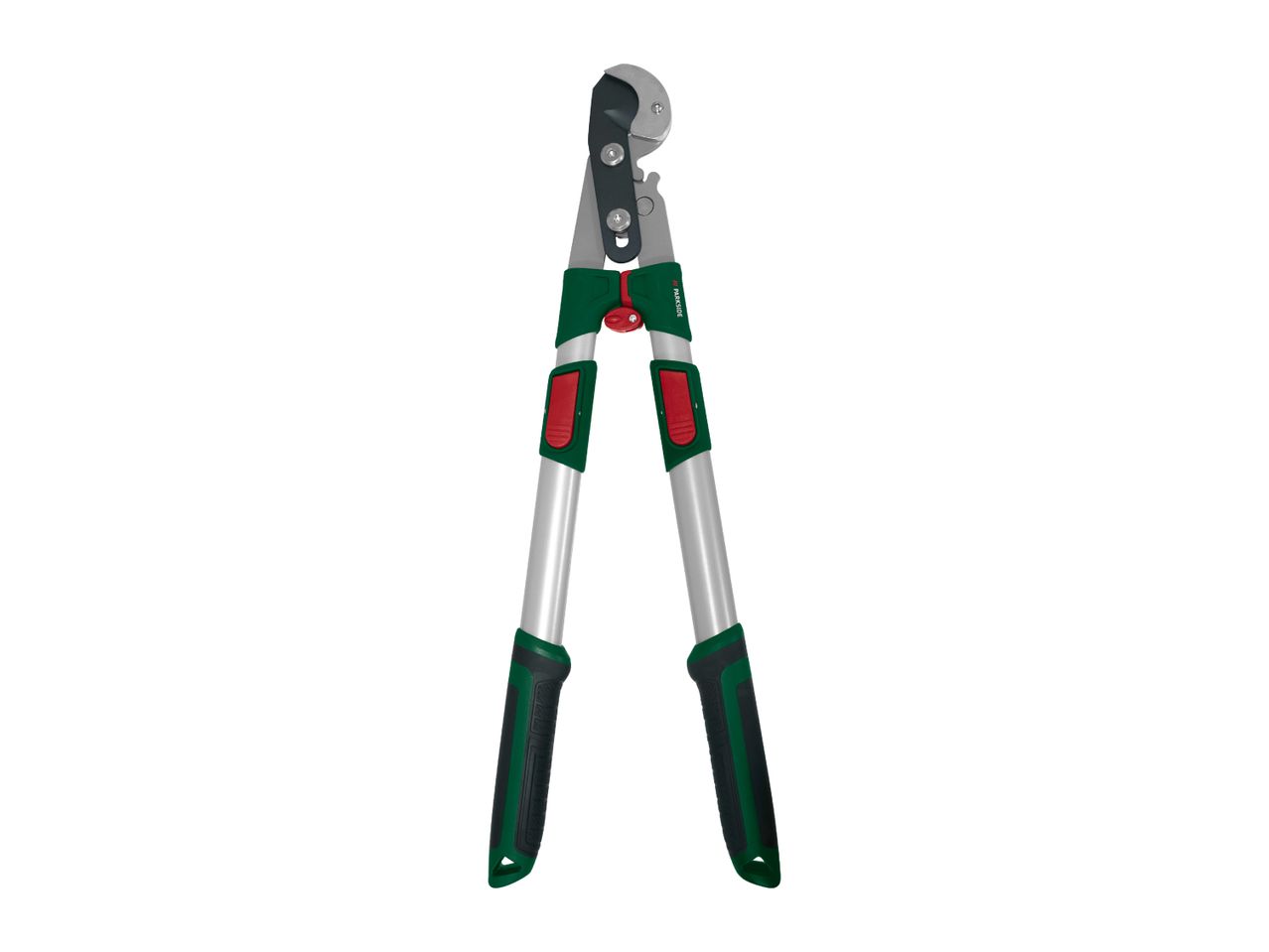 Green and red bypass loppers with silver handles