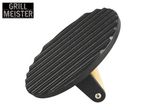 Cast iron grill press with a wooden handle, featuring a ridged surface and the text 'GRILL MEISTER'.