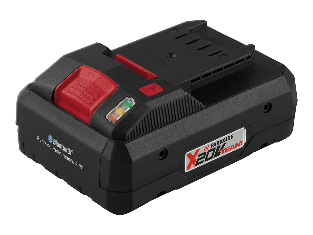 Crna baterija za alat s crvenim gumbima i indikatorom napunjenosti.