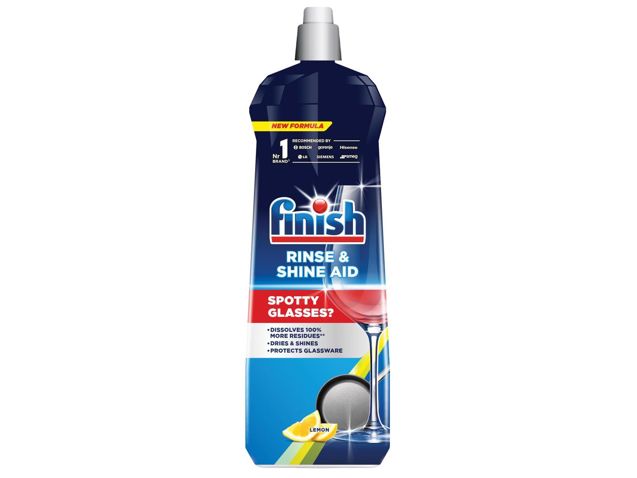 Finish Rinse & Shine Aid citrom illatú öblítőszer, amely 100%-kal több maradványt old fel.