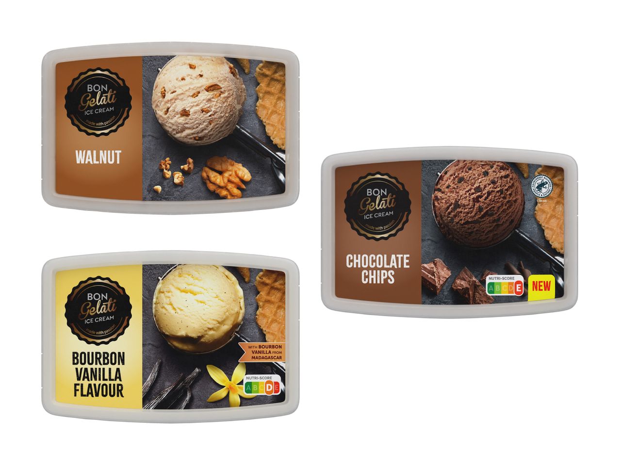 Bon Gelati Eis: Walnuss, Schokostückchen, Bourbon Vanille.