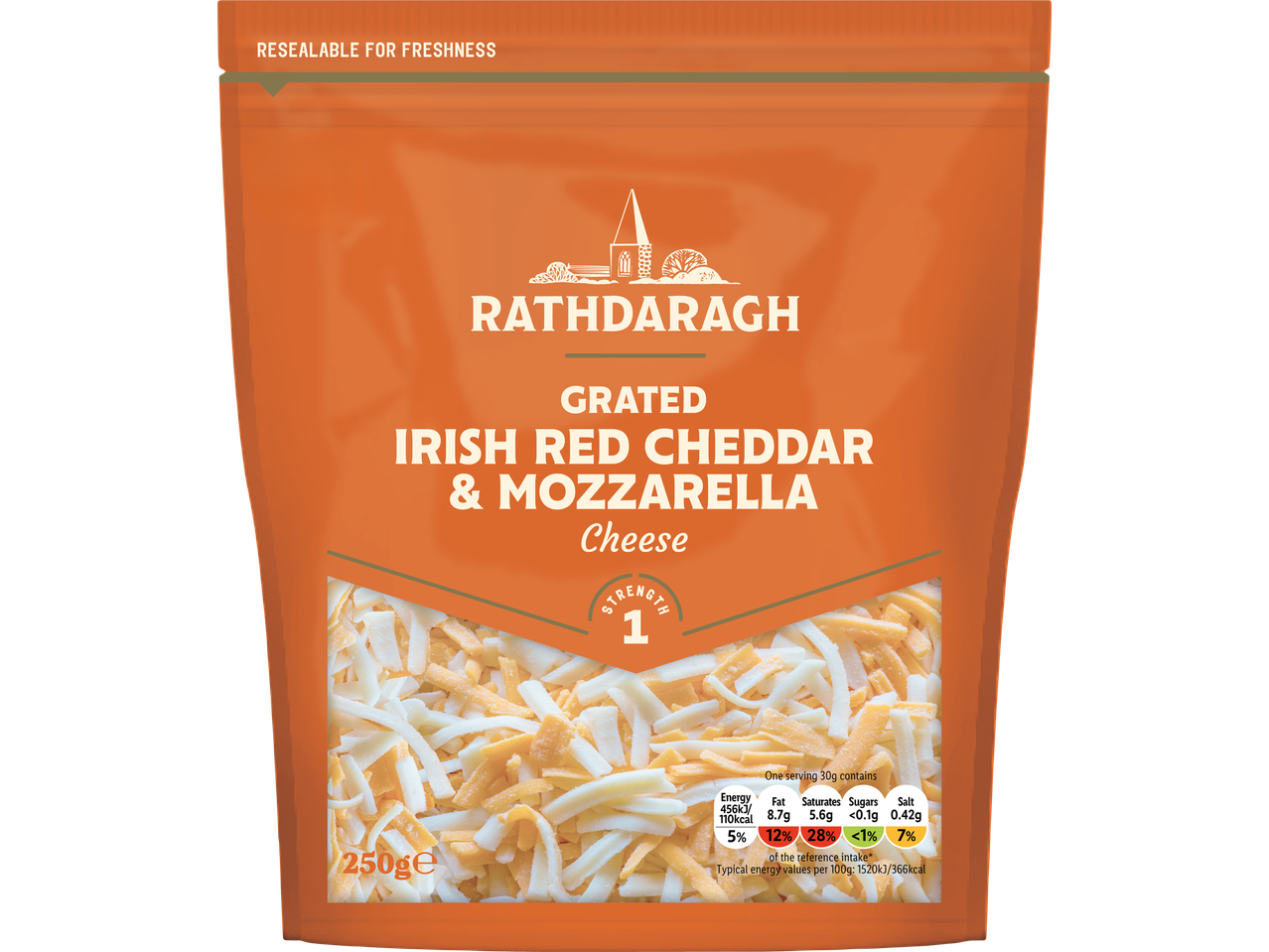 Rathdaragh Grated Irish Red Cheddar & Mozzarella Cheese packaging.