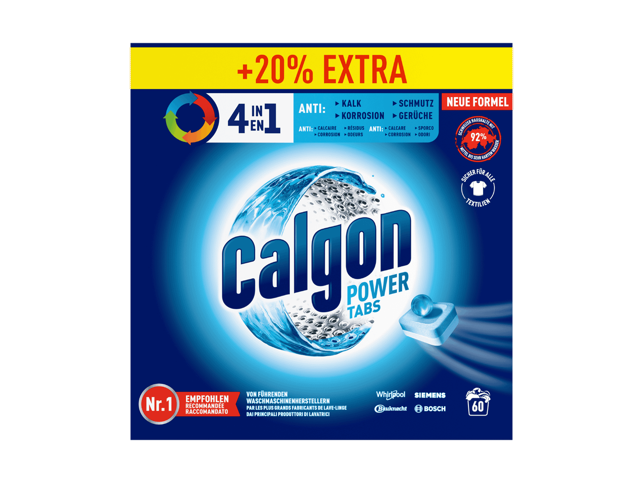 Calgon Power Tabs für Waschmaschinen, mit 20% mehr Produkt.