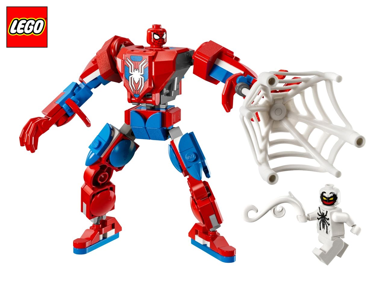Red and blue robot with a spider emblem, holding a white web, next to a white minifigure.