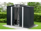 Dark grey metal garden shed with open doors, revealing gardening tools inside, on a concrete slab in a green garden.