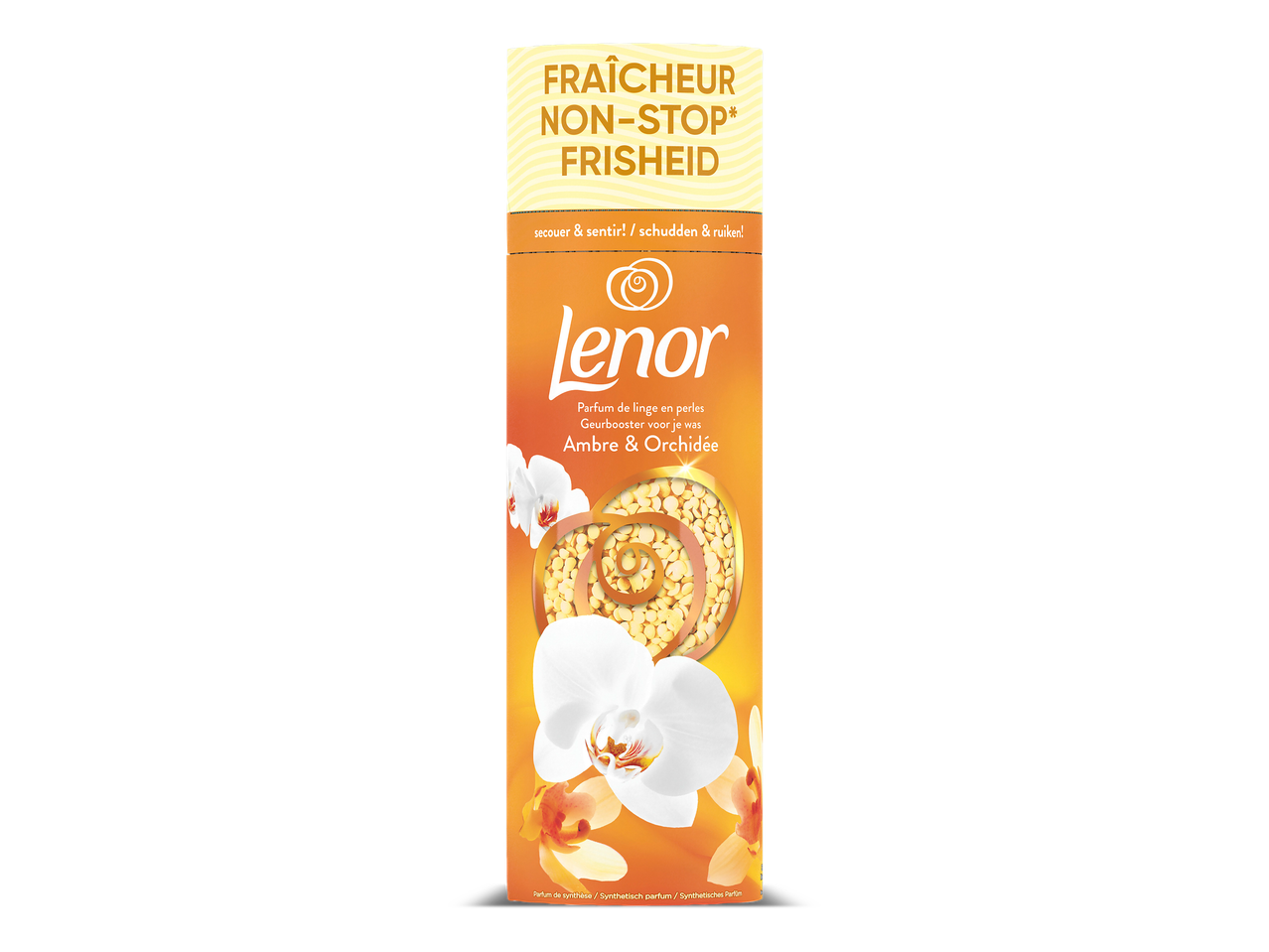 Fles wasparfum met amber- en orchideegeur, met de tekst 'Frisheid non-stop'.