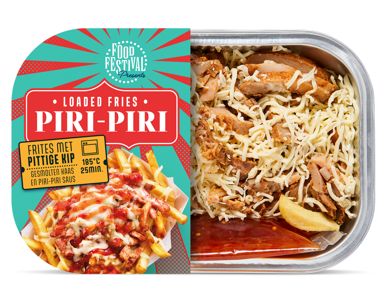 Loaded fries Piri-Piri met pittige kip, gesmolten kaas en Piri-Piri saus.